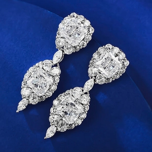 Luxury 925 silver cushion-cut diamond drop earrings with marquise-cut details
