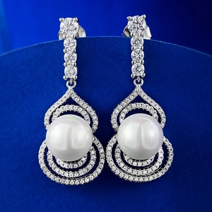 Elegant White Imitation Artificial Pearl Drop Earrings With 925 Sterling Silver Earring Post Zirconia Inlaid Gourd Jewelry For Women Wedding