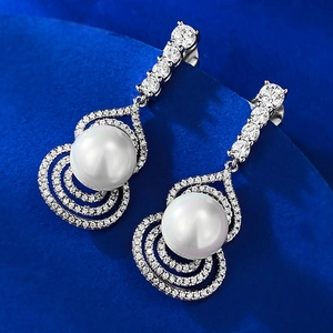 Elegant S925 silver gourd drop earrings with 10mm white pearls and micro-pave crystals