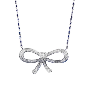 Sparkling 925 sterling silver bow pendant necklace with full micro-pave crystals for women