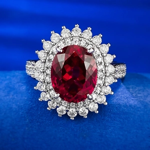 925 Sterling Silver Oval Pigeon Blood Red Rhinestone Ring For Women Luxury Cluster Flower Halo Engagement Wedding Band Jewelry Gift