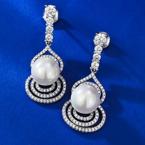 Elegant S925 sterling silver gourd earrings with 10mm white pearls and cubic zirconia