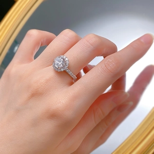 Close-up of sparkling 8mm round brilliant cut diamond ring on a woman's hand