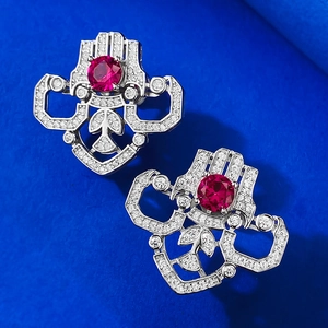 Art Deco style S925 sterling silver stud earrings with round red rubies and pavé diamonds