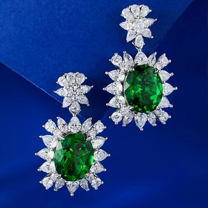 Luxurious S925 sterling silver emerald earrings with pear and round cut cubic zirconia