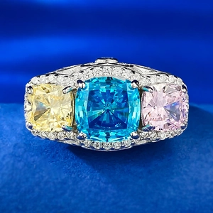 Luxury 925 Sterling Silver Ring Multicolor Cushion Cut Rhinestone Inlaid Fashion Jewelry Women Finger Ring R730