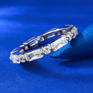Macro shot of silver eternity ring with rectangular and round cut cubic zirconia stones