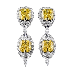 925 silver luxury cushion-cut yellow diamond drop earrings with white stone accents