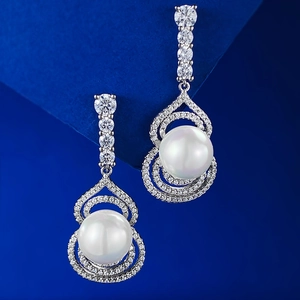 Elegant 10mm round white shell pearl gourd earrings in S925 sterling silver with zircons