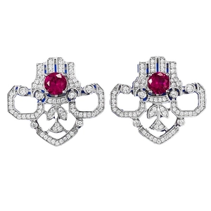 Vintage S925 silver stud earrings with 1 carat red ruby and Art Deco diamond halo