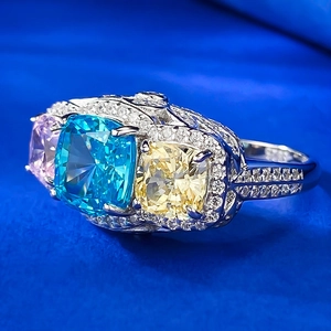 Detailed macro view of a three-stone ring with pink, blue, and yellow cushion-cut gemstones
