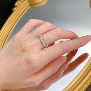 Macro view of 925 silver eternity ring with single row crystals and milgrain edges