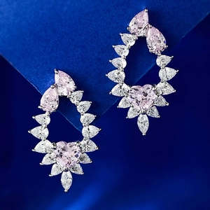 Luxury 925 Sterling Silver Heart Stud Earrings For Women Pink Rhinestone Crown Geometric Fashion Jewelry Party Gift