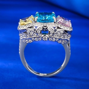 Luxurious S925 silver ring featuring a blue rectangular gemstone with colorful side stones