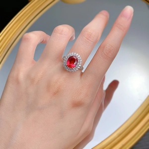 S925 sterling silver oval ruby ring with double halo pavé cubic zirconia gemstones