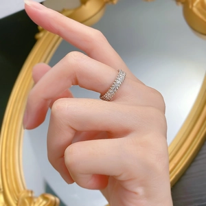 Detail of the sparkling double-row diamond pavé eternity ring in silver finish