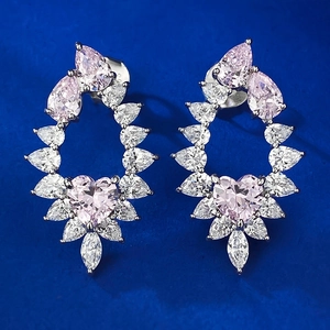 Sparkling S925 sterling silver heart-shaped pink diamond earrings with teardrop halo design