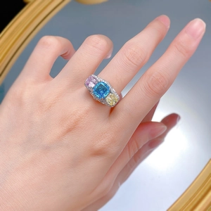 Three-stone color diamond ring with pink, blue and yellow square cut gems on finger