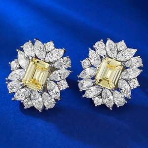 Boucles d'oreilles tournesol en argent 925 avec pierre jaune taille émeraude et zircons