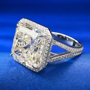 Square cut halo diamond ring with split shank double band in polished silver