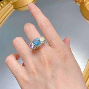 Detailed shot of three-stone cushion cut ring with pink, blue and yellow gems on hand