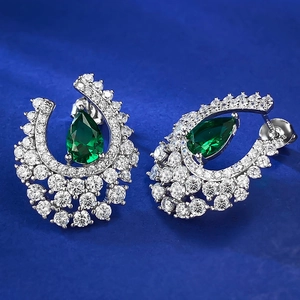 S925 silver ice flower earrings with teardrop emerald gemstone and pave cubic zirconia