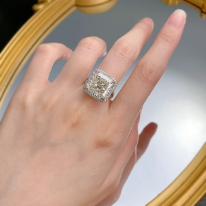 Luxurious S925 silver ring featuring a large square yellow diamond in a halo setting