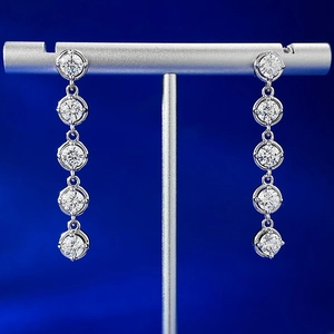 Detail of S925 sterling silver drop earrings with five round faceted zircon gemstones