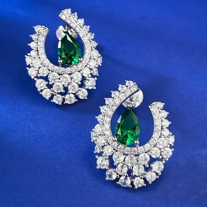 S925 sterling silver hoop earrings with pear-cut emerald green gemstone and zircon accents
