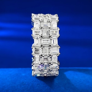 Macro shot of wide silver eternity ring with multi-row emerald cut white zircons