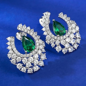 S925 silver ice flower drop earrings featuring teardrop green stones and crystals