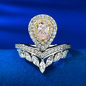 Luxus 925 Sterling Silber Birnenförmig Rosa Strass Ring Set Für Damen Doppel-Halo Wassertropfen V-Schutz Stapelbar Hochzeit Schmuck Fingerring