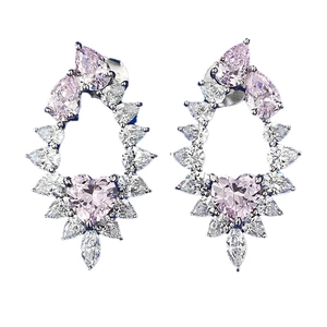 S925 silver stud earrings with one-carat pink heart and pear-cut crystal gemstones