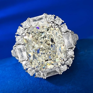Luxury cushion-cut yellow simulated diamond halo ring in S925 sterling silver
