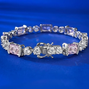 Bracelet luxueux en argent S925 avec pierre rose rectangulaire coupe glace et zircons