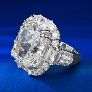 Macro view of cushion cut ice flower diamond ring with s925 silver pave setting