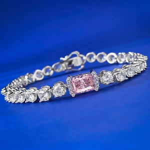 Detail of S925 silver bracelet with ice-cut pink diamond and micro-pave white stones