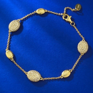 Bracelet à Maillons Ovales Brossés en Argent Sterling 925 Bohème pour Femmes Hommes Or Incrusté Strass Blanc Chaîne Réglable Bijoux Mode