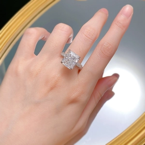 Macro shot of S925 silver ring featuring a radiant cut high-carbon diamond in 4-prong setting