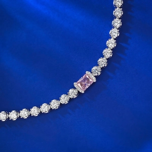 Elegant S925 silver tennis necklace with radiant cut pink diamond pendant and white gems