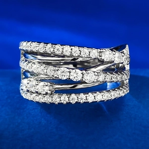 Luxury 925 Sterling Silver Multi Layer Crisscross Wide Band Ring For Women Shiny Rhinestone Inlaid Fashion Jewelry Finger Ring
