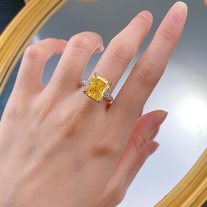 Luxury S925 silver ring with a large emerald-cut yellow diamond-like centerpiece