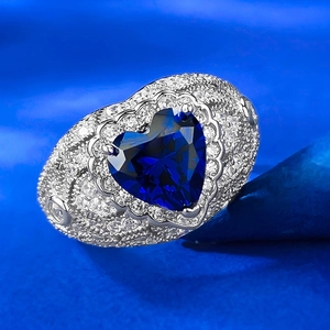 Luxury sterling silver ring with 8x8mm heart-shaped blue sapphire and pavé accents