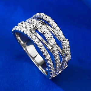 Cross-over multi-layer silver ring with sparkling micro-pave cubic zirconia crystals