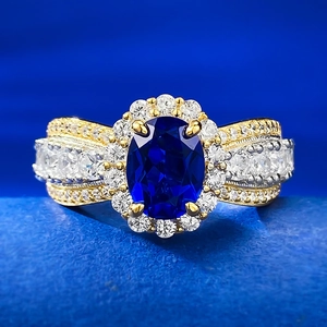 Luxury 925 Sterling Silver Two-Tone Ring With Oval Blue Zirconia Vintage Lace Edge Cocktail Ring For Women Party Jewelry