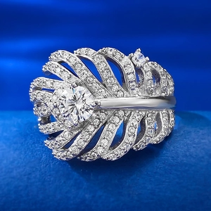 Bague en Argent Sterling 925 Plume de Feuille pour Femmes De Luxe Strass Incrusté Élégant Mode Banlieue Bijoux Bague Cadeau