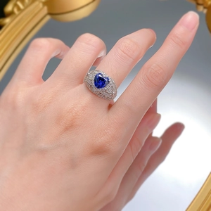 Vintage sterling silver heart ring with blue sapphire and multi-layer micro-pave diamonds