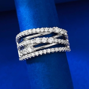 Macro shot of S925 silver wide multi-layer cross ring with micro-pave cubic zirconia stones