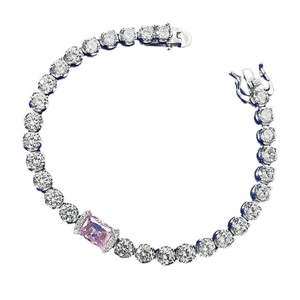 Elegant 925 silver tennis bracelet with pink rectangle gemstone and zircon cluster