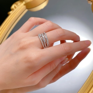 Detailed view of S925 sterling silver multilayer ring with sparkling pavé cubic zirconia